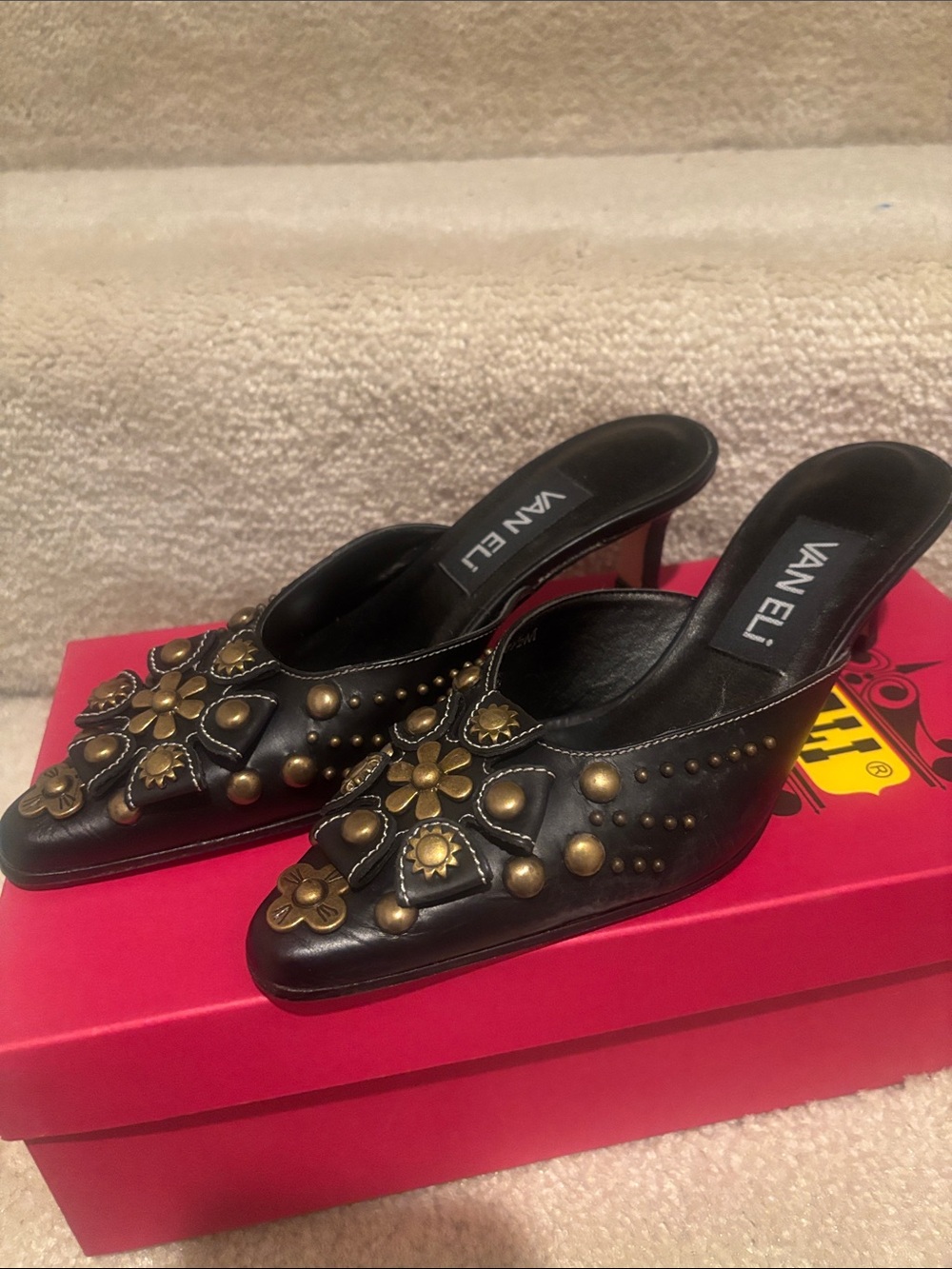 Vaneli Black Leather Studded Mules in Antique Gold  .NIB Size 41/2